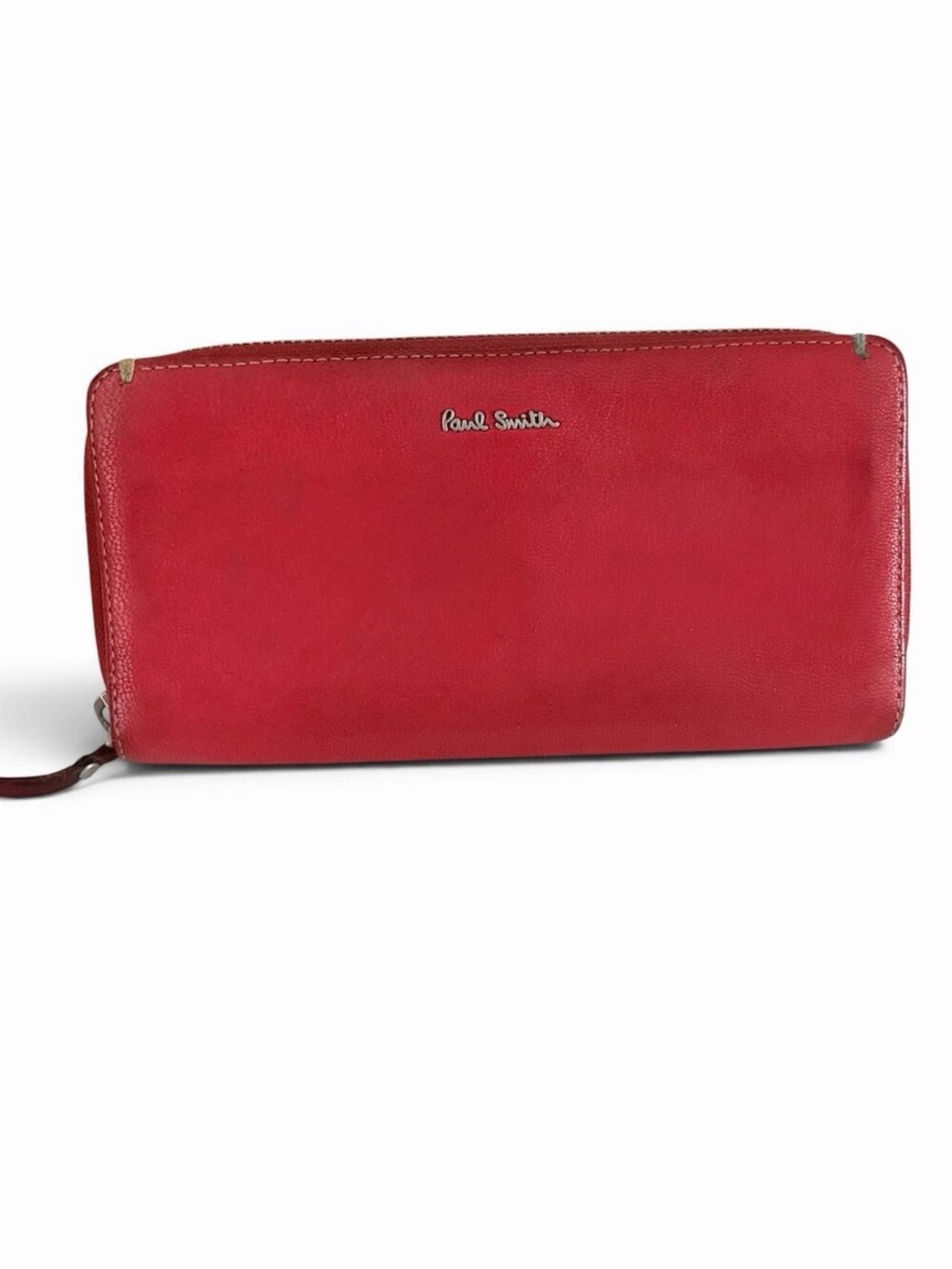 Paul Smith Real Goatskin Leather Red Zip Around Long Wallet Silver Hardware